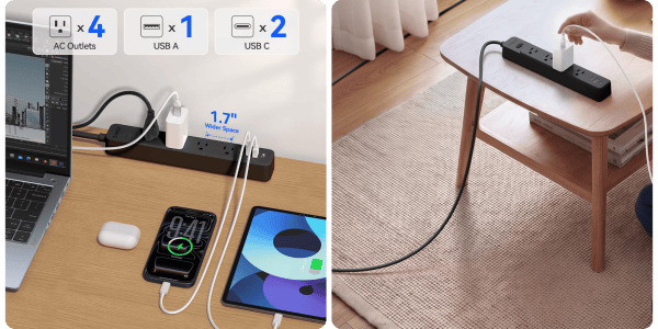 A table with a table and a phone plugged into it