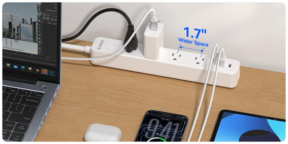 A power strip with multiple plugs and a phone