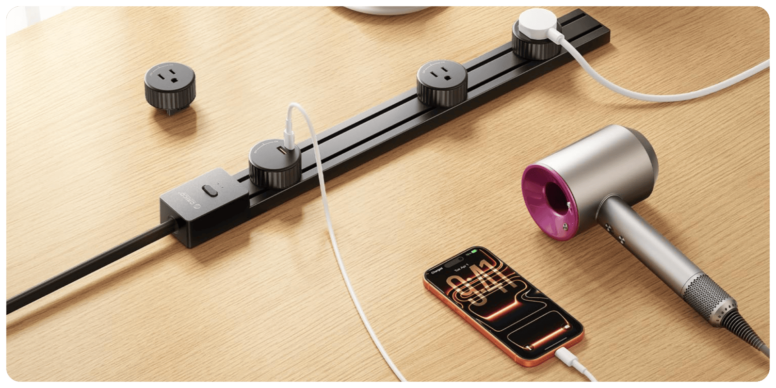 A phone charging on a table