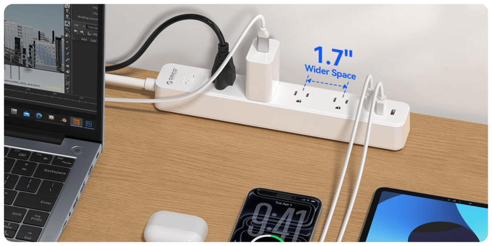 A power strip with multiple plugs and a phone