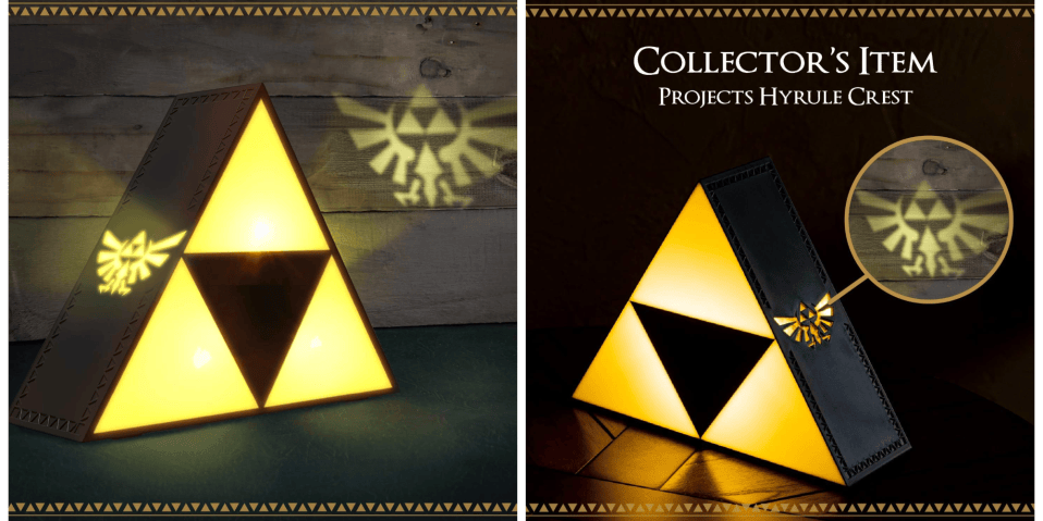 A collage of a lit up triangle lamp