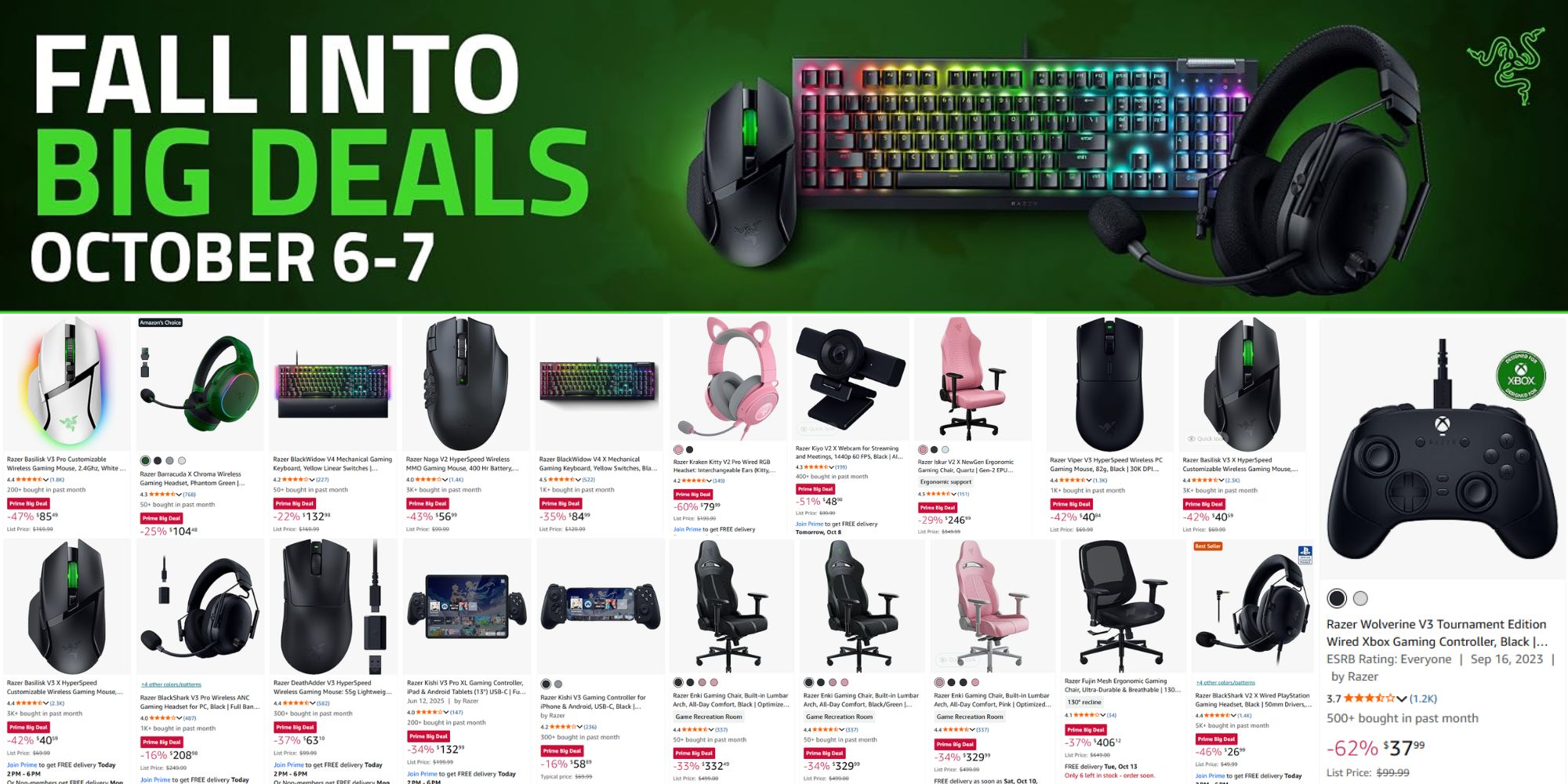Razer fall Prime Day deals are stacked at up to 70% off: Keyboards, controllers, headsets, more from $33