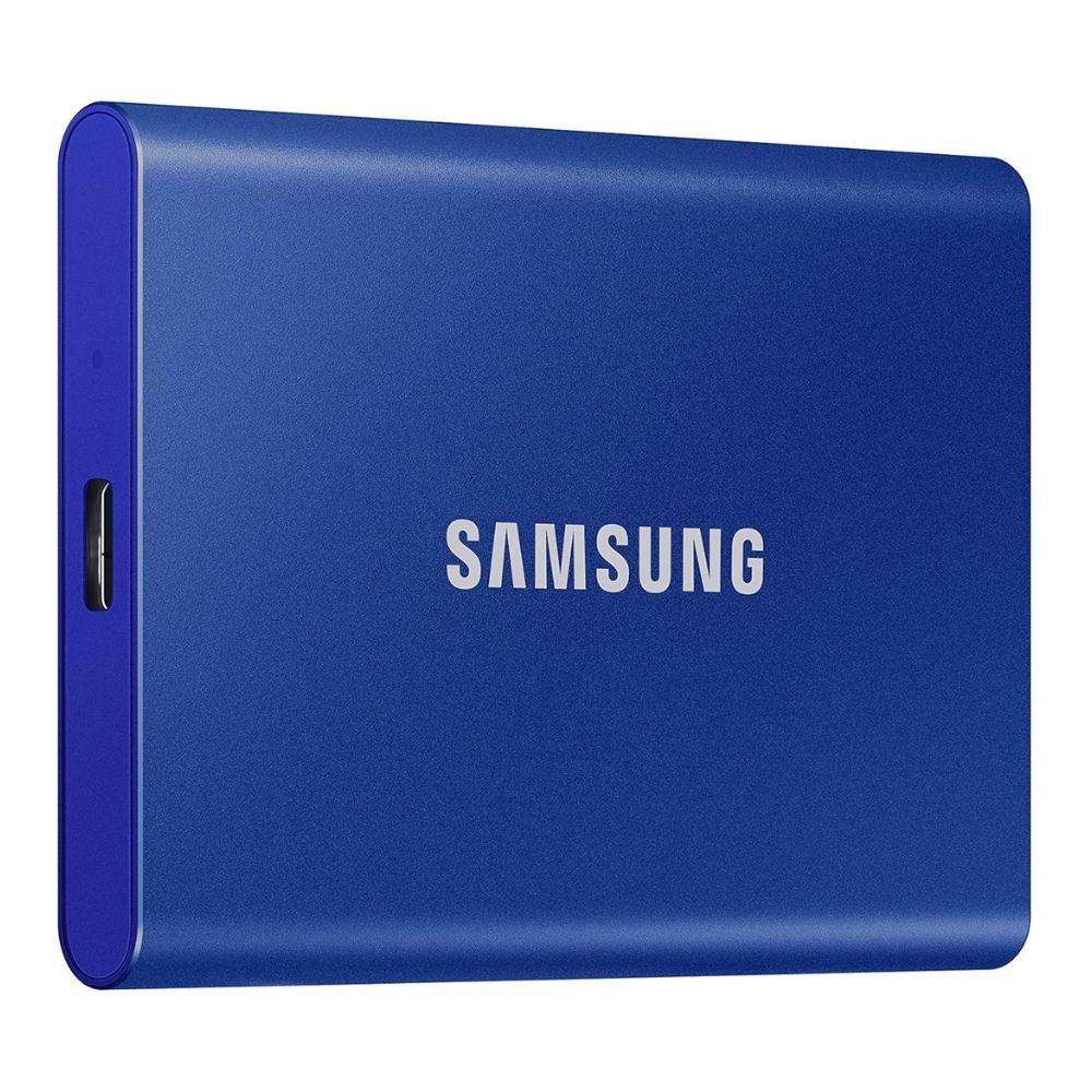 A blue rectangular device with white text