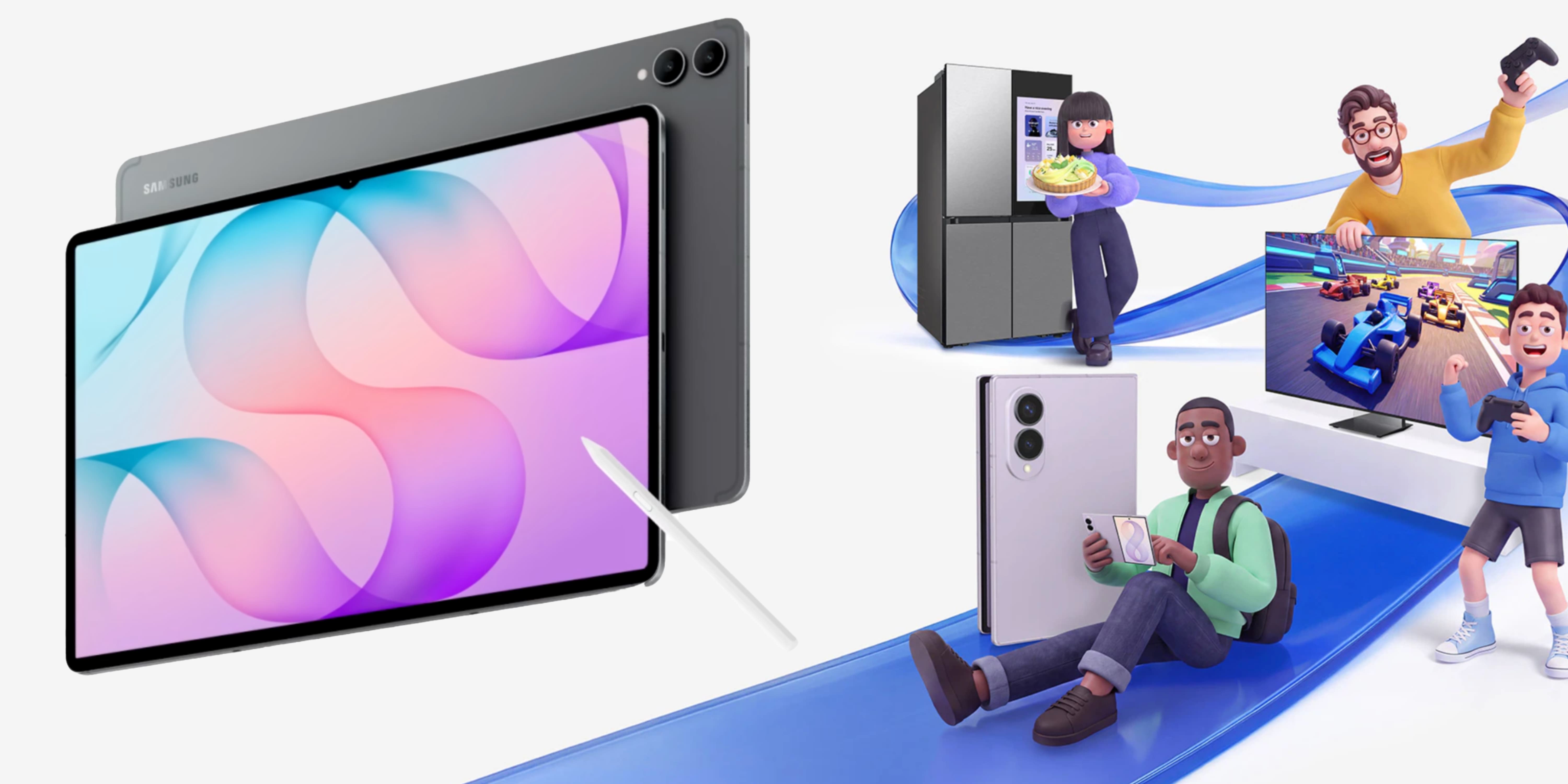A collage of a man holding a tablet and a refrigerator