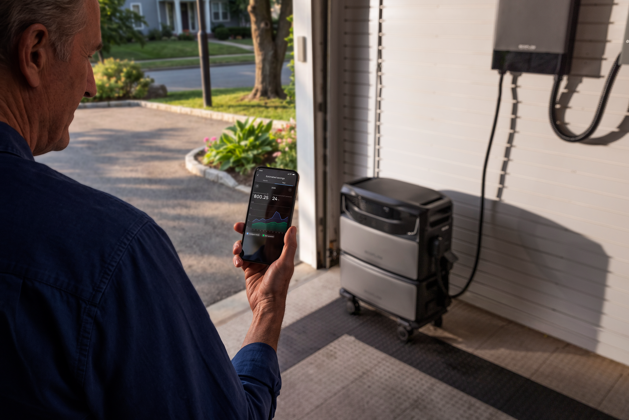 A person holding a phone in front of a garage door