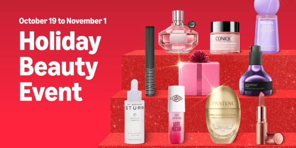A group of beauty products on a red background