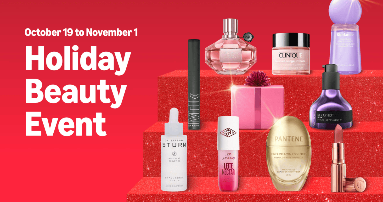 A group of beauty products on a red background
