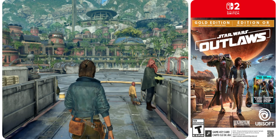 A video game cover with a person walking on a platform