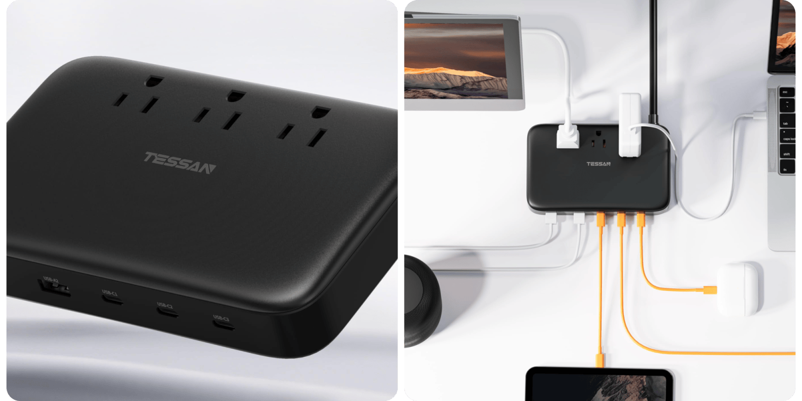A black rectangular device with a white cord connected to it