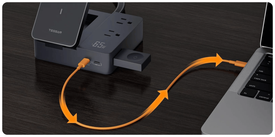 A charging station with an orange cable