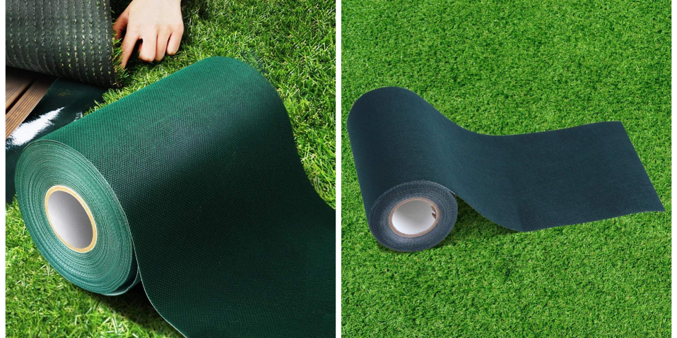 A roll of green carpet on grass