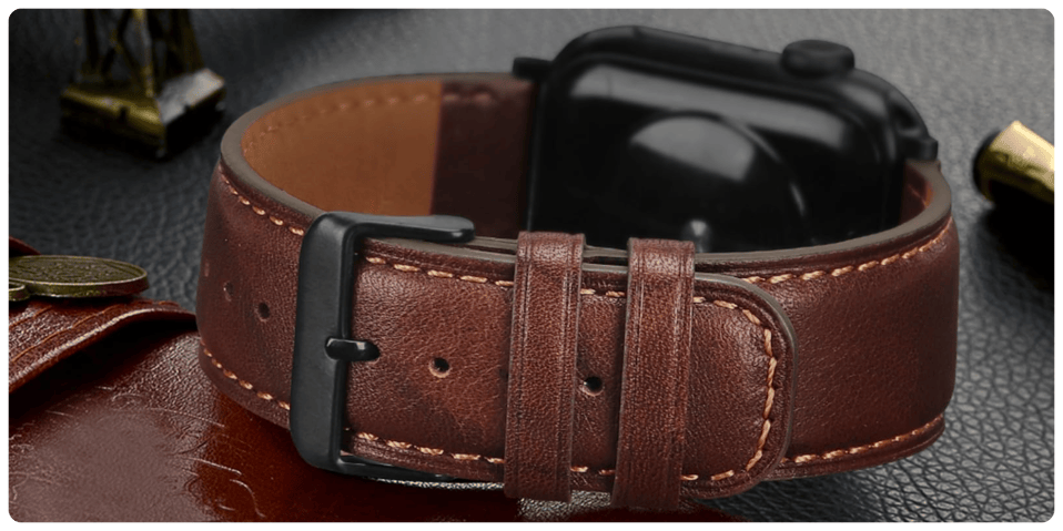 A watch strap with a black buckle