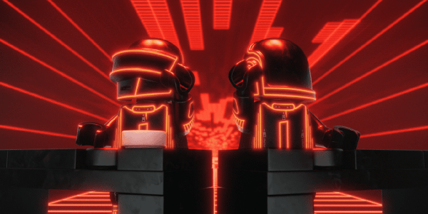 Two robots in a room with red lights
