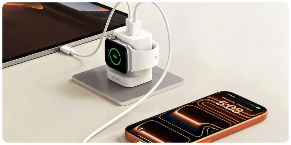 A smart watch charging on a charging pad