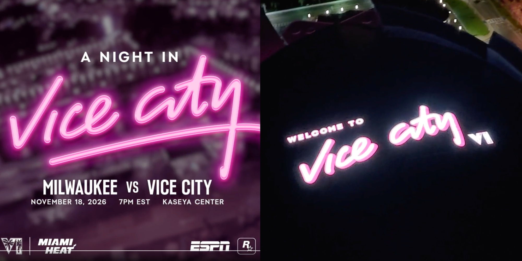 A collage of a couple of images of a pink neon sign