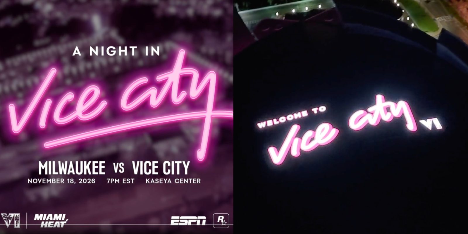 A collage of a couple of images of a pink neon sign