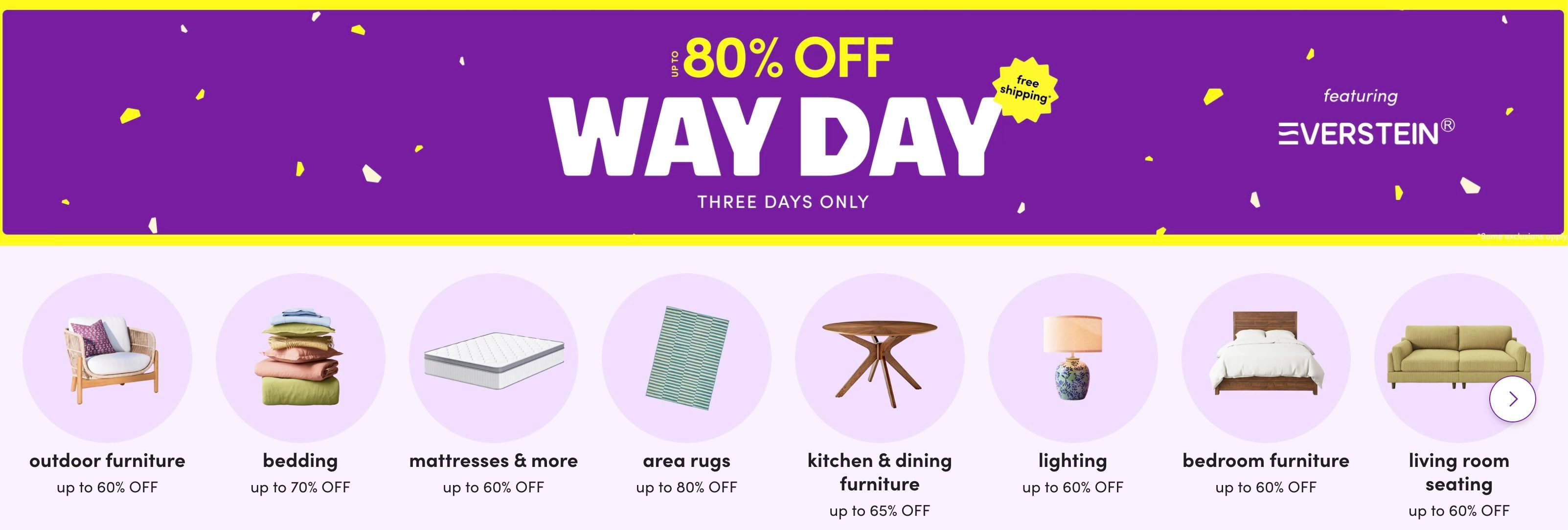 A purple and white advertisement with text and images of furniture