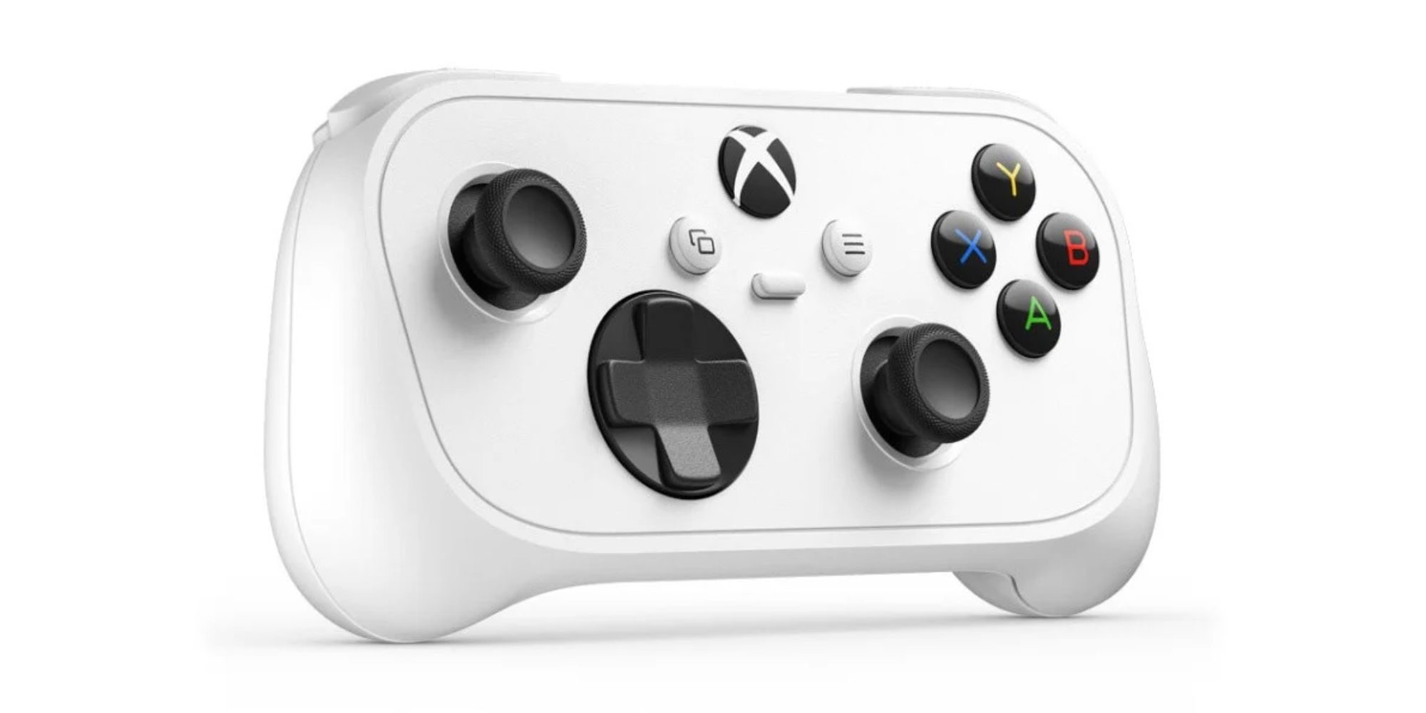 A white game controller with black buttons and buttons