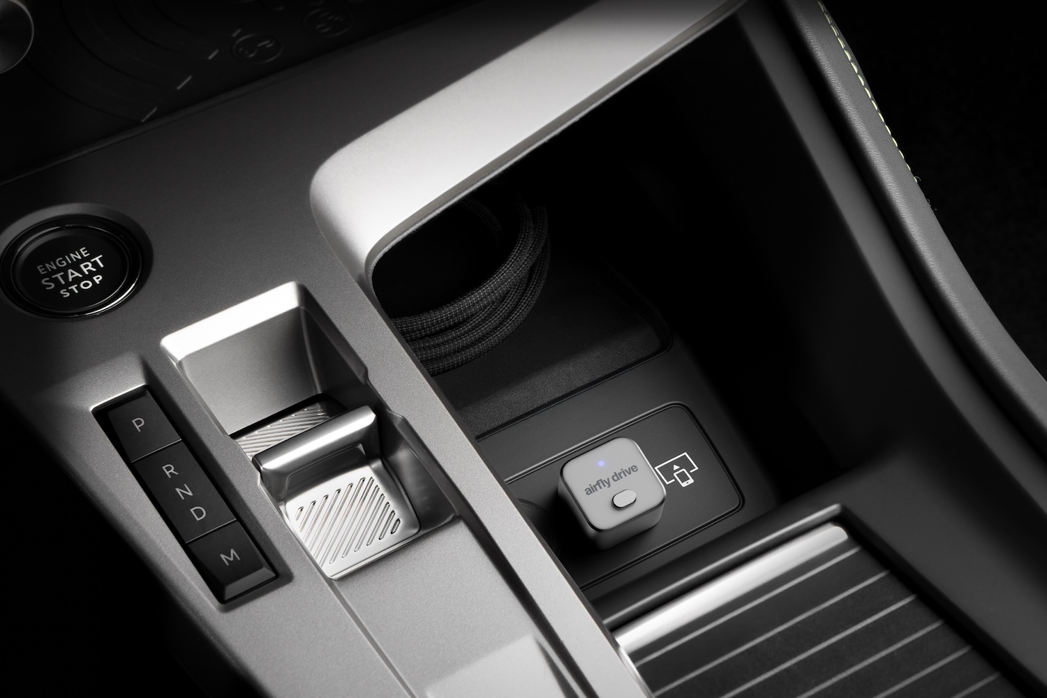 A close up of a car console