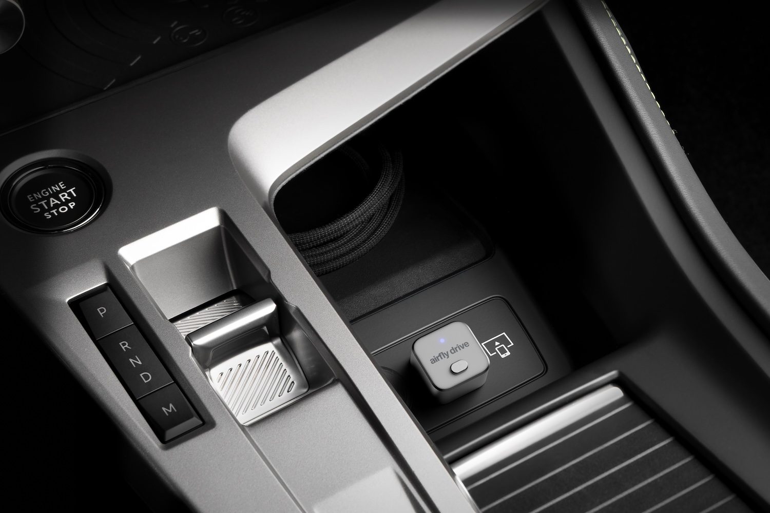 A close up of a car console