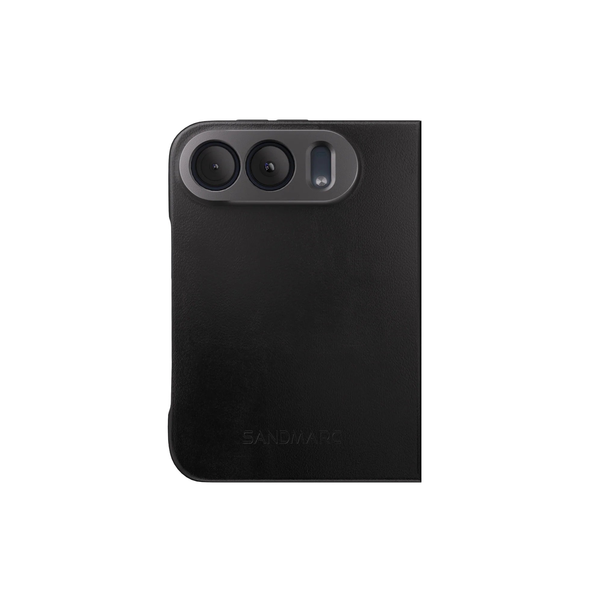 A black cell phone with three camera lenses