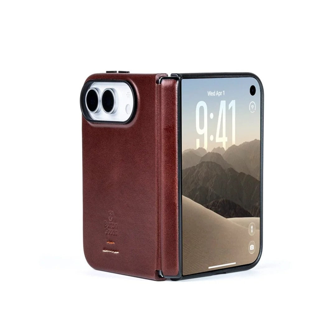 A phone with a leather case
